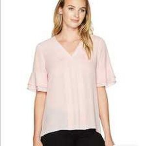 Ivanka Trump Pink Pleated V-Neck Bell Ruffle Sleeve‎ Blouse Top Career - Size M